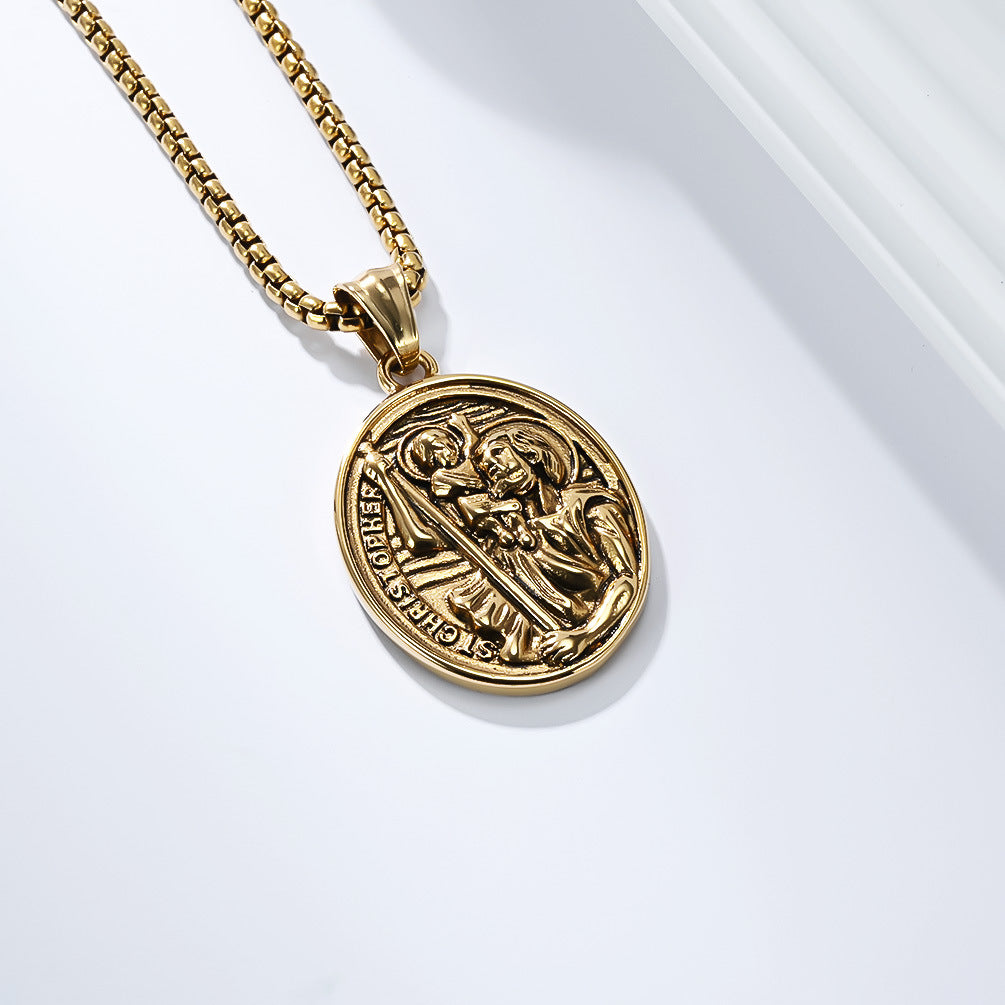 Planderful St Christopher Necklace For Men Titanium Steel Pendant Retro Literary Style Everyday Genie