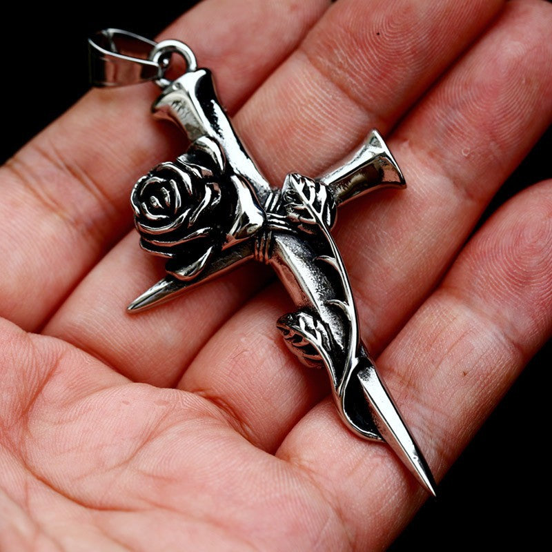 Vintage-Inspired Titanium Steel Cross Pendant for Men - Distressed Rose Totem Design