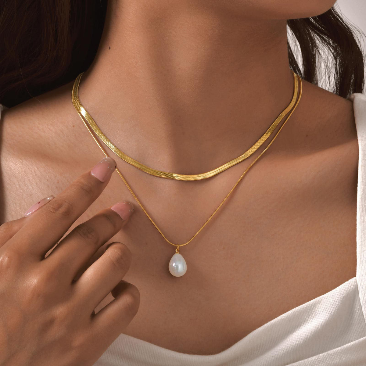 Stainless Steel Water Drop Pearl Double Stacked Necklace Ladies Collarbone Chain