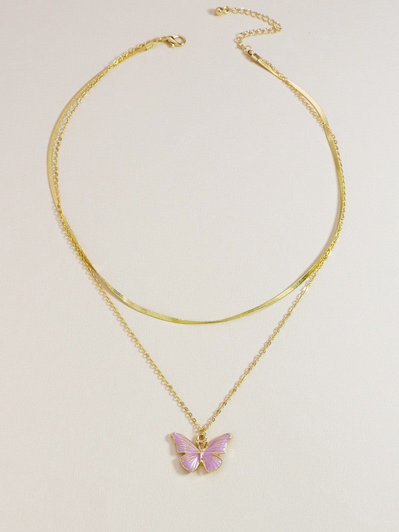 Butterfly Charm Double Layer Pink Necklace - Elegant Fashion Jewelry