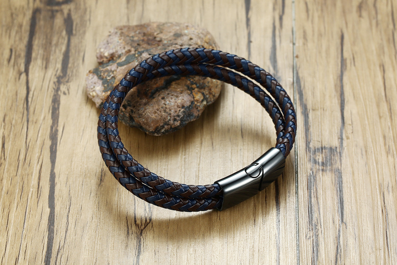 Men's Black Stainless Steel Leather Bracelet with Magnet Buckle
