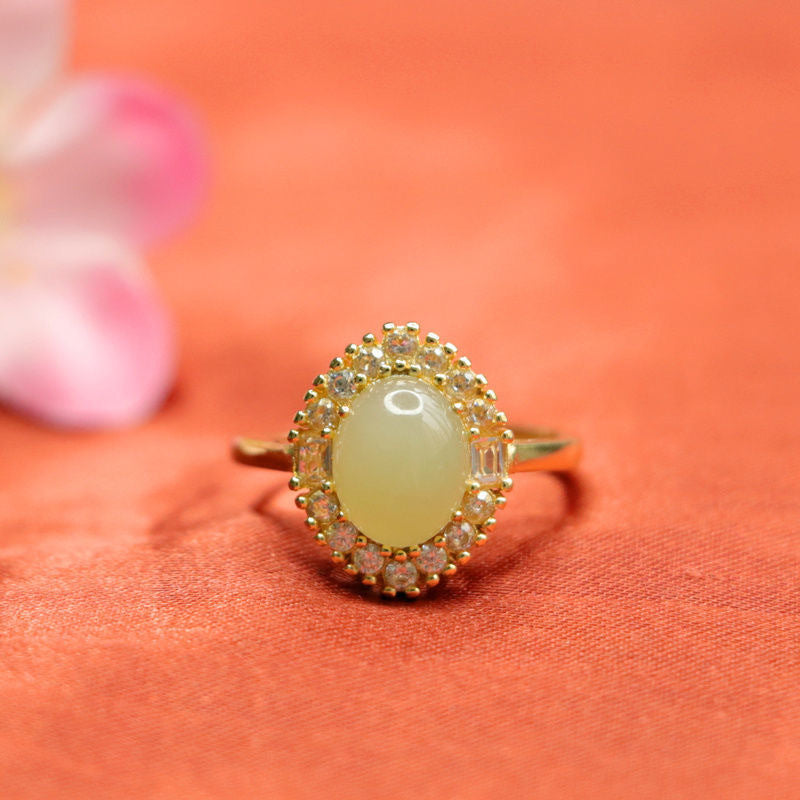 Hetian Jade Sterling Silver Ring with Zircon Accent - Fortune's Favor Collection