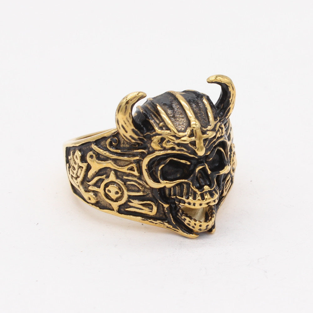 Titanium Steel Horned Skull Ring