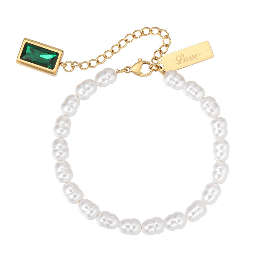 Green Zircon Pearl Bracelet For Women Titanium Steel By Planderful Elegant Statement Jewelry