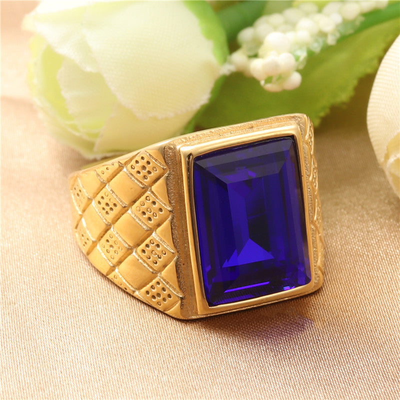 Trendy Multi-Color Zircon Titanium Steel Square Ring for Men - Retro Stainless Steel Jewelry