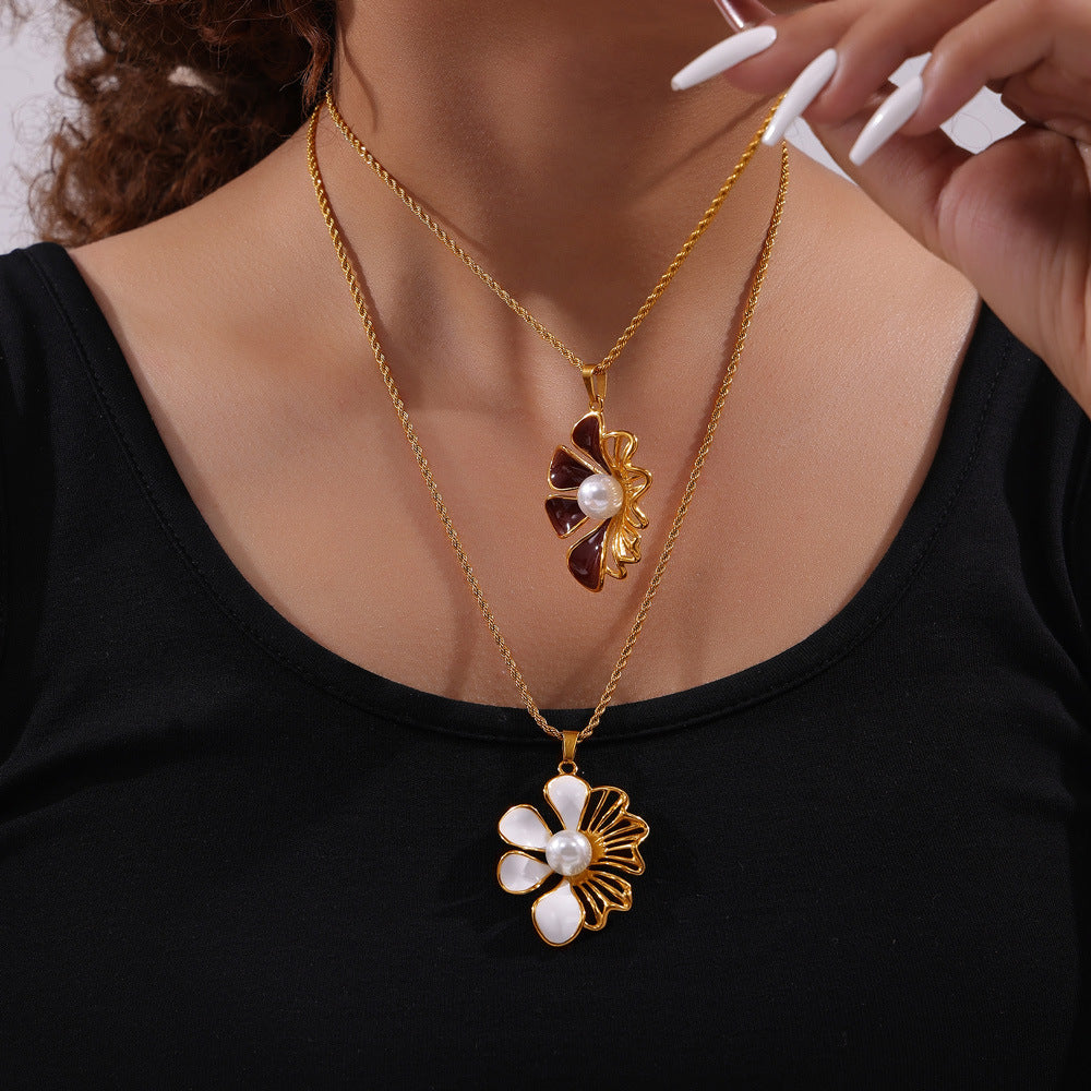 Elegant Bead Necklace with Glazed Floral Pendant