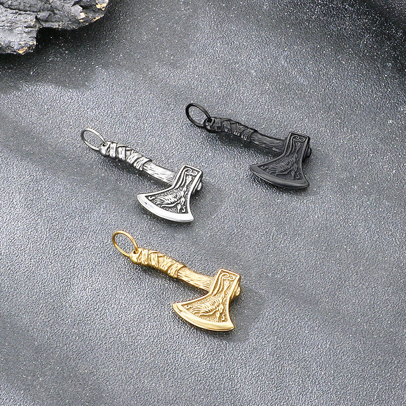 Nordic Viking Wolf Pattern Battle Axe Pendant – Punk Style Axe Amulet Titanium Steel Necklace