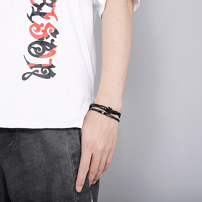 Planderful Handwoven Mens Leather Rope Bracelet Stainless