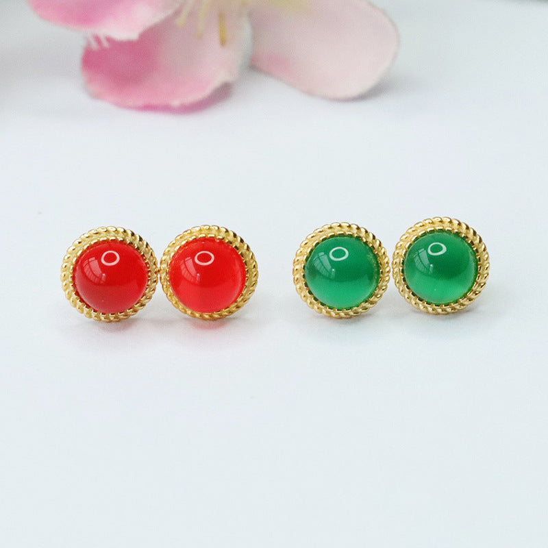 Elegant S925 Silver Stud Earrings with Natural Green and Red Agate