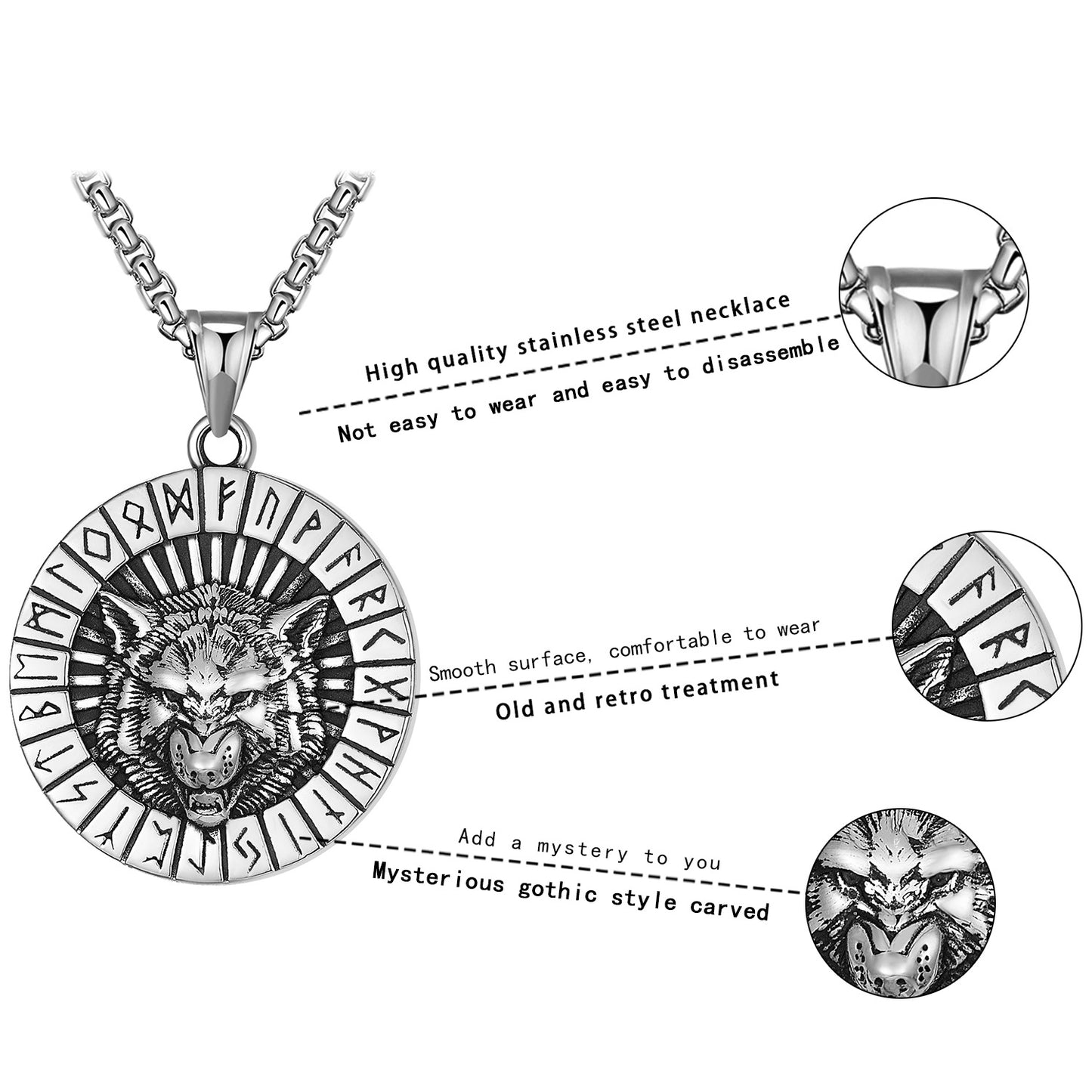 Steel Necklace - Statement Nordic Viking Wolf Head Rune Pendant For Men And Collectors
