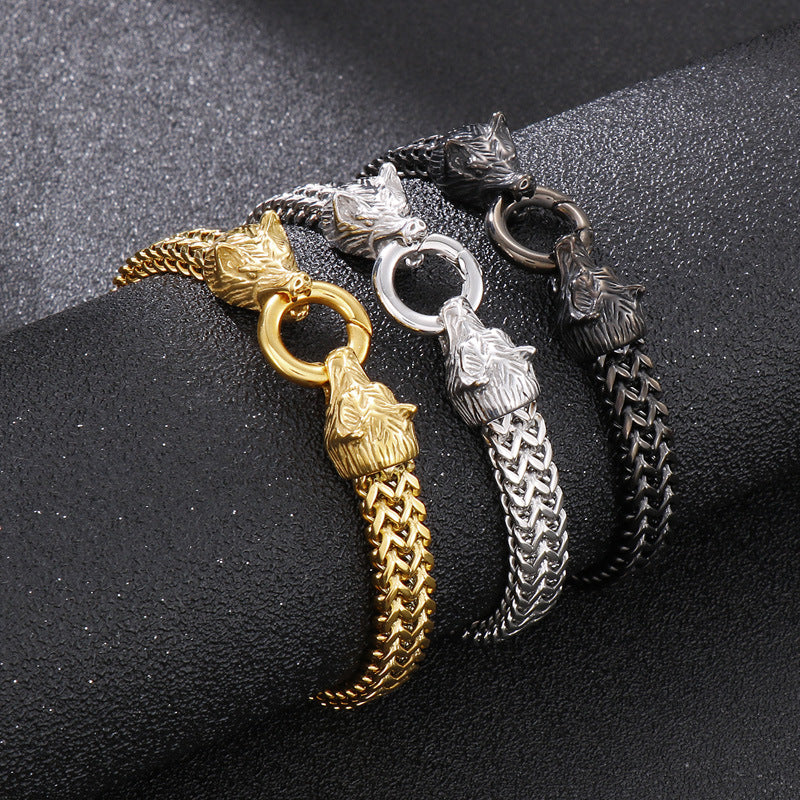 Titanium Steel Men's Bracelet with Double Wolf Head Design in Hip-Hop Style