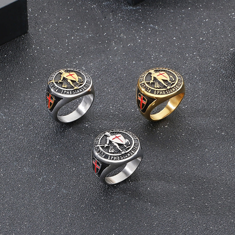 Planderful Men Epoxy Red Cross Shield Ring Hip Hop Style