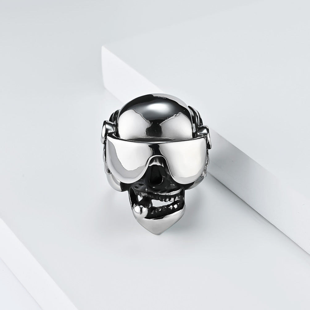Goggles Swinging Cigar Skull Stainless Steel Ring for Men