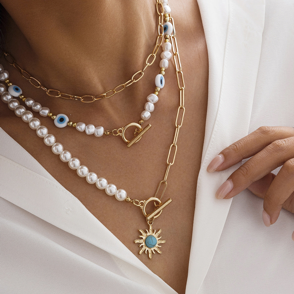 Court Retro Devil'S Eye Necklace Sun Pendant Irregular Pearl Multi-Layer Stacked Necklace