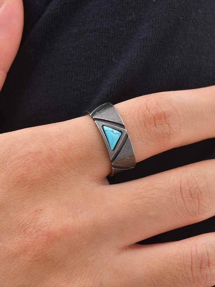 Stainless Steel Triangular Turquoise Ring Cool Man Gray