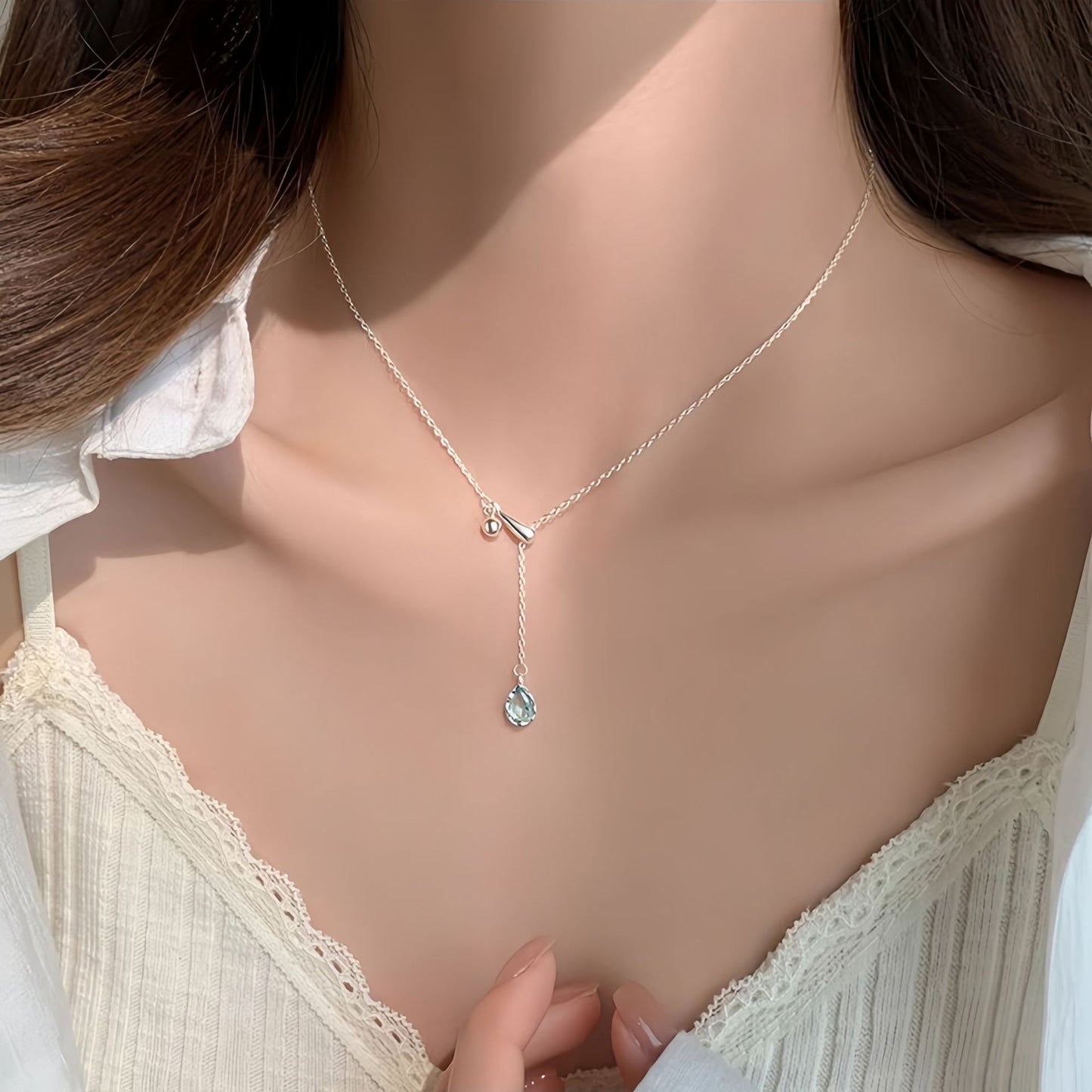 S925 Sterling Silver Blue Water Drop Necklace Women's Accessories