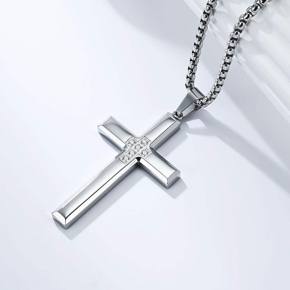 Planderful Cross Necklace For Men Titanium Steel Inlaid Zircon Pendant Simple Fashion