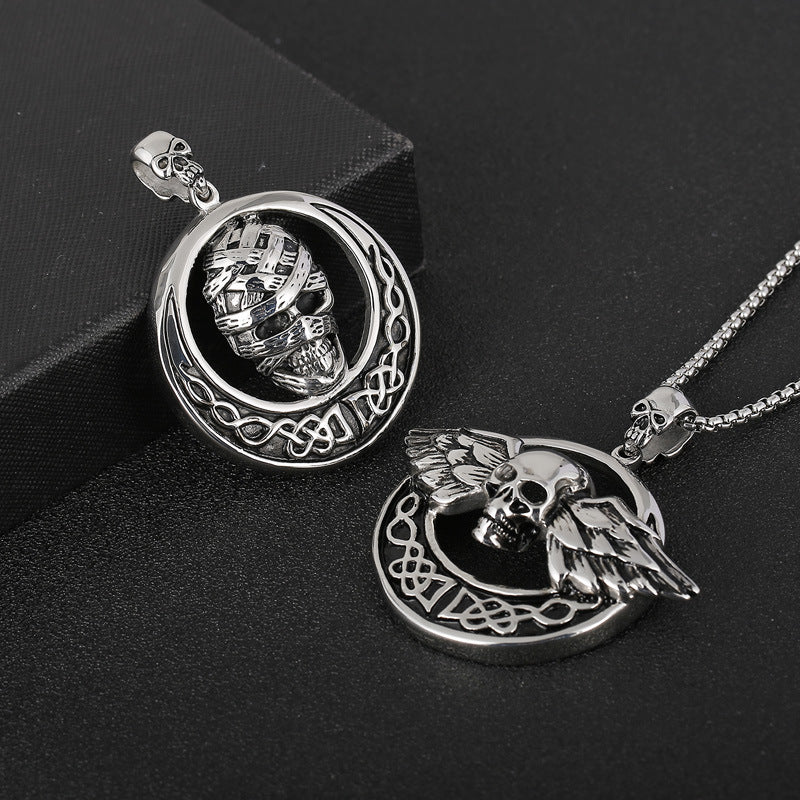 Vintage Angel Wings Skull Mummy Men's Titanium Steel Pendant