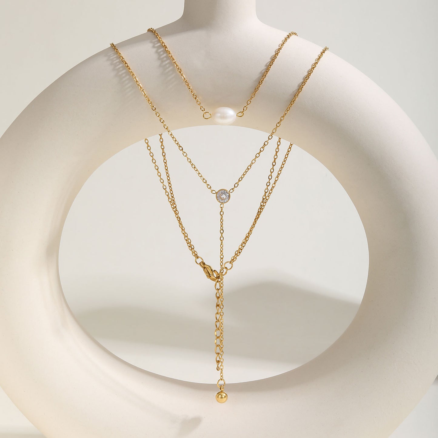 Summer Stainless Steel Double Chain Natural Baroque Zircon Y-Shaped Necklace Gold Ladies
