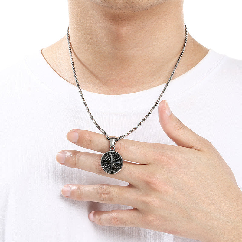 Compass Round, Punk Style Retro Coin Compass Stainless Steel Men's Pendant Necklace