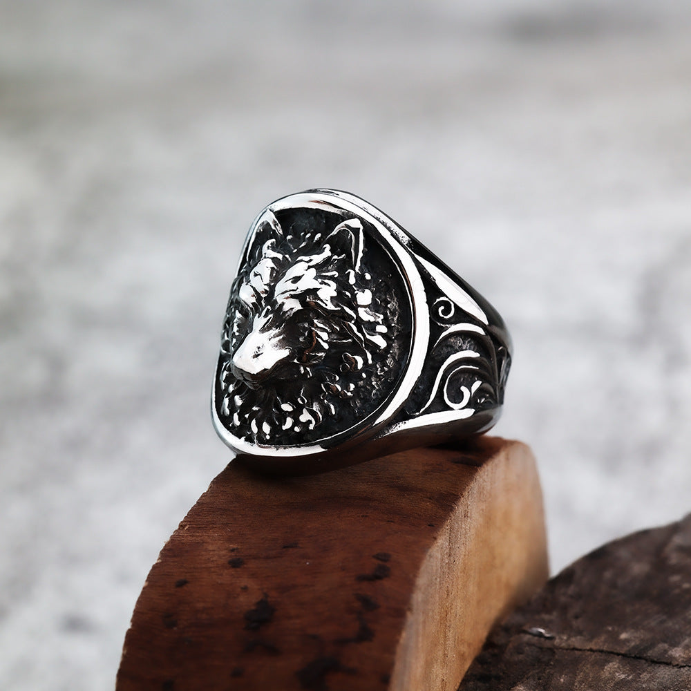Titanium Steel Retro Viking Animal Wolf Head Ring for Men