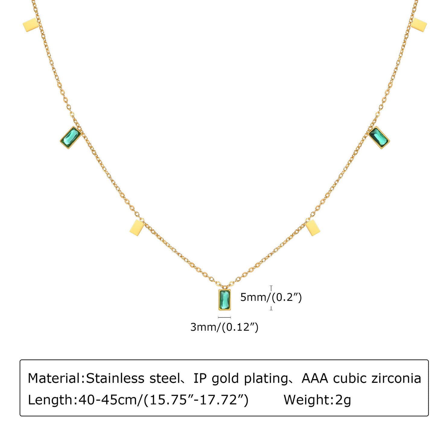 Stainless Steel Green Zircon Rectangular Necklace Gold Female