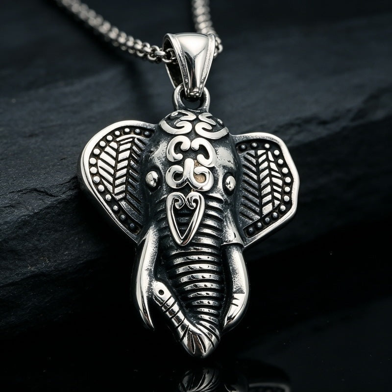 Vintage Ruby Jixiang Pendant Exotic Style Three-Dimensional Elephant Casting Pendant Stainless Steel Men's Necklace