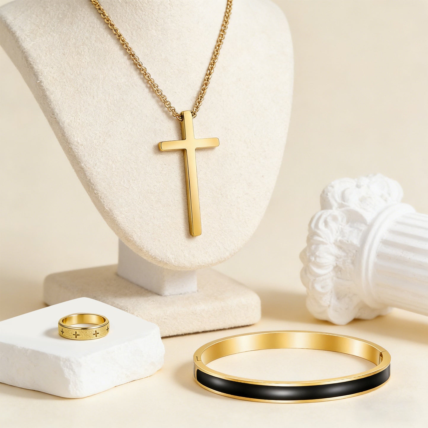Planderful Everyday Genie Cross Design Stainless Steel Ring Bracelet Necklace Set For Women And Unisex Statement Jewelry