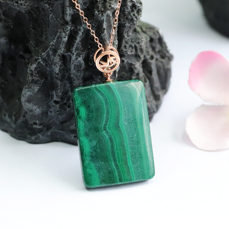 Malachite Square Peace Plaque Silver Pendant — No Chain