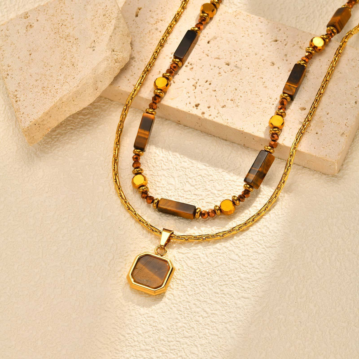 Stainless Steel Stacked Bead Spacer Rectangular Natural Tiger Eye Beaded Twist Chain Oval Necklace