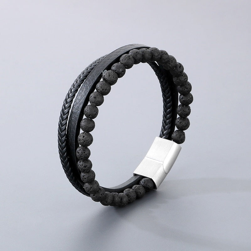 Multi-Layer Woven Leather Rope Titanium Steel Bracelet – Volcanic Stone Beaded Men's