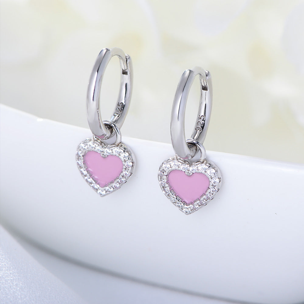 Small Personalized Zircon Earrings Jewelry 925 Sterling Silver Pink Oil Drop Heart Earrings