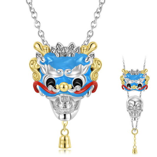 Halloween Colourful Lion Dance Head Skull Silver Necklace