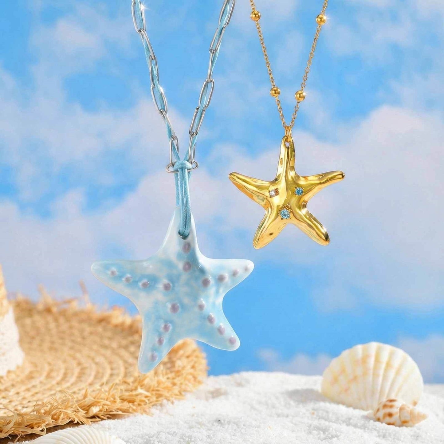 Seaside Vacation Wind Collarbone Chain Stainless Steel Ceramic Starfish Shallow Lake Blue Necklace