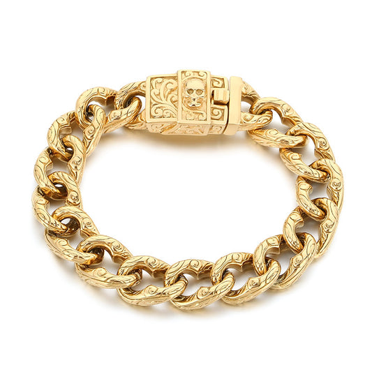 Dark Flower Pattern – Smearing Skull Buckle Cuban Chain Titanium Bracelet