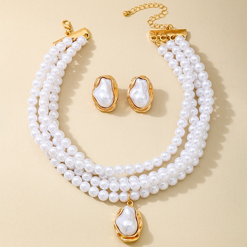 Gorgeous Multi-Layered Pearl Necklace Earrings Set for Women