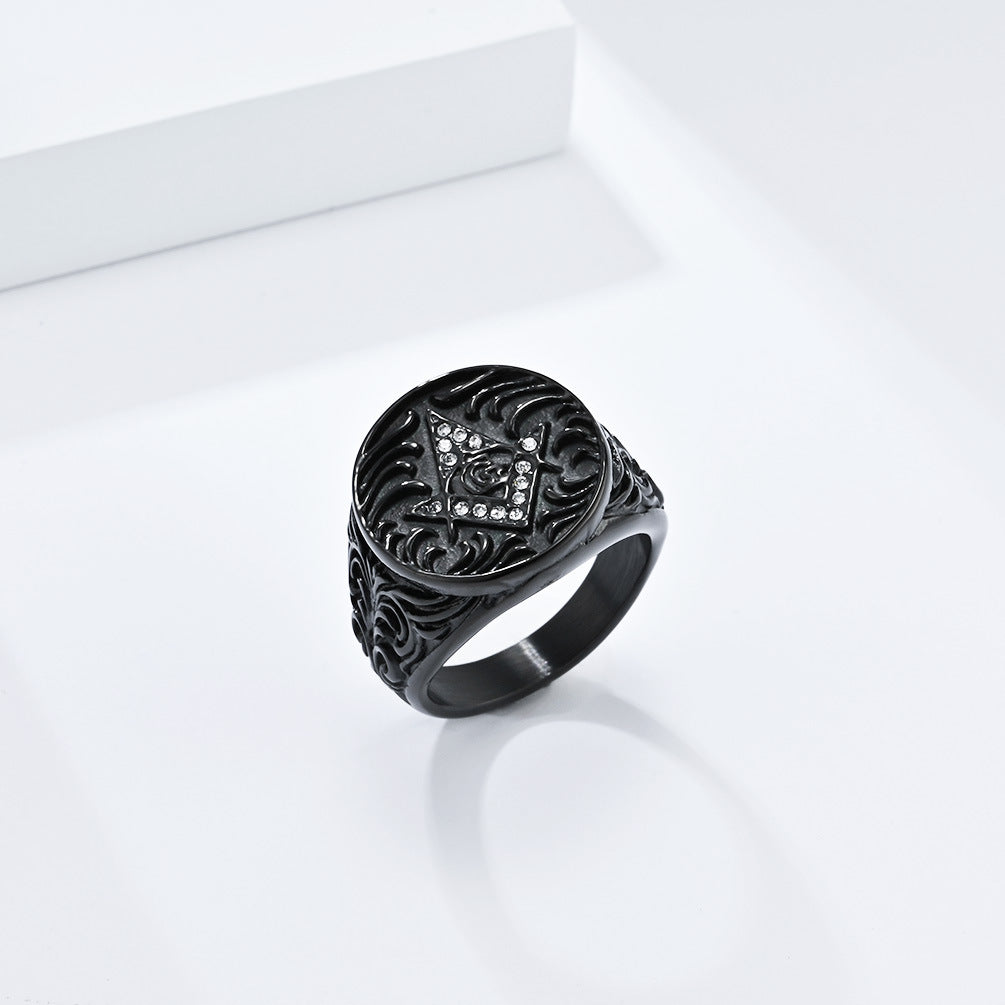 Planderful Masonic Zircon Titanium Steel Ring For Men Retro Fraternity Hand Jewelry Domineering Style