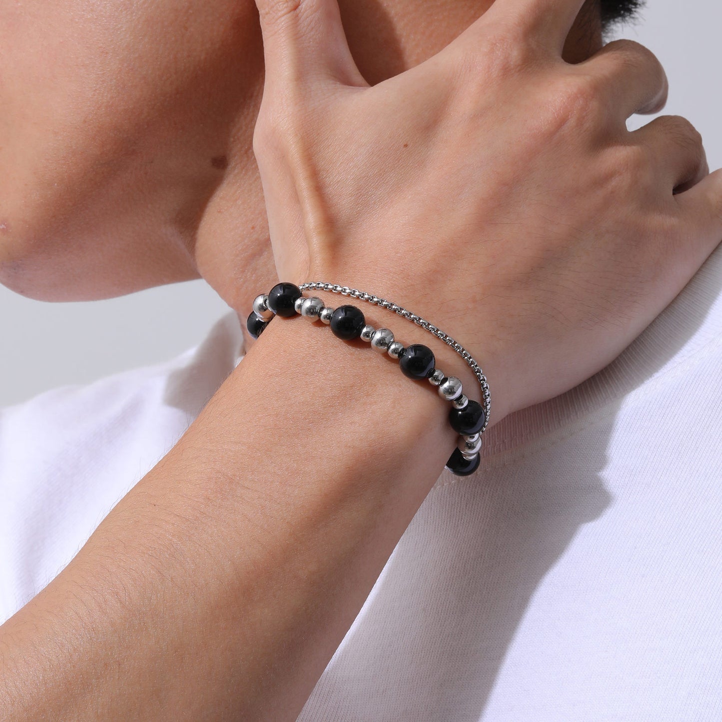 Stainless Steel Grinding Agate Lazuli Beaded Bracelet for Men