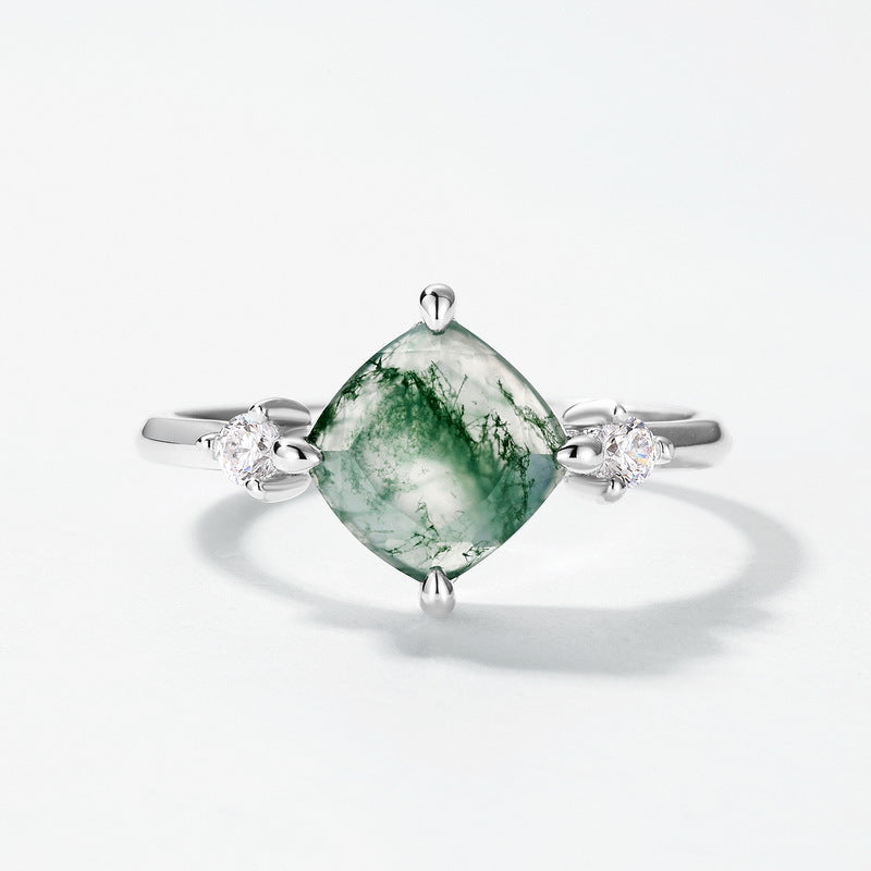 Planderful Everyday Genie Ring – Natural Aquatic Agate with Mossy Stone Silver Design