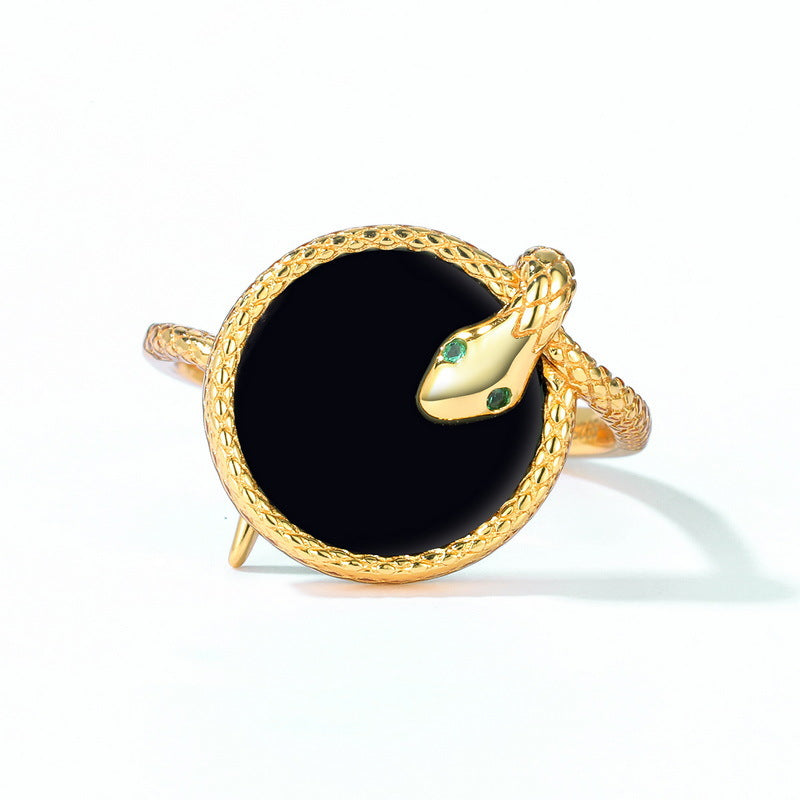 Green Zircon Snake Round Black Agate Opening Sterling Silver Ring