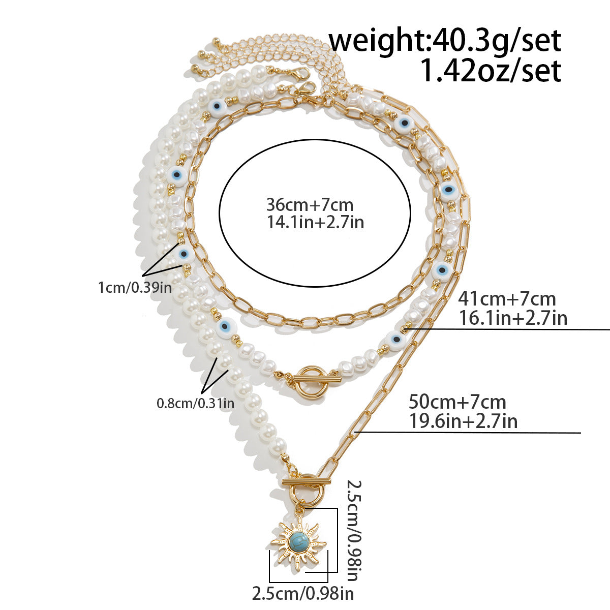 Court Retro Devil'S Eye Necklace Sun Pendant Irregular Pearl Multi-Layer Stacked Necklace