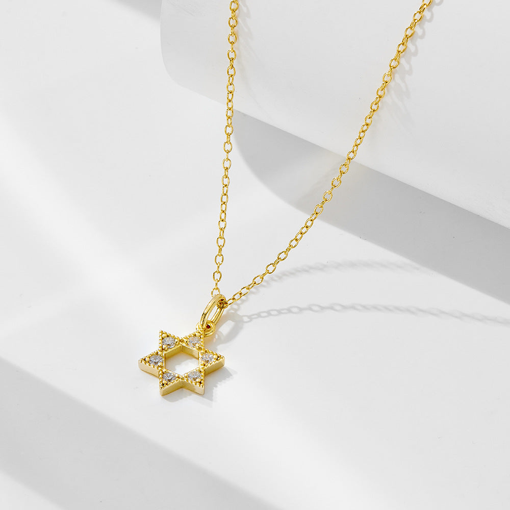 925 Sterling Silver Hexagram Hollow Pendant Necklace 14k Gold-Plated Zircon