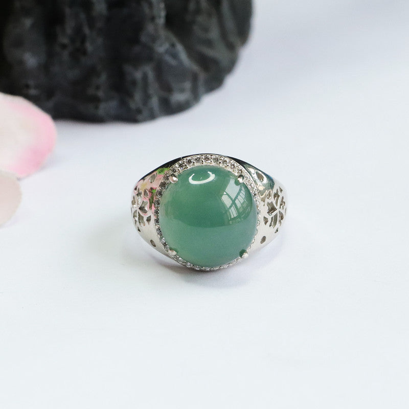 Sterling Silver Wide Ring with Natural Ice Blue Green Jade Oval Hollow Design