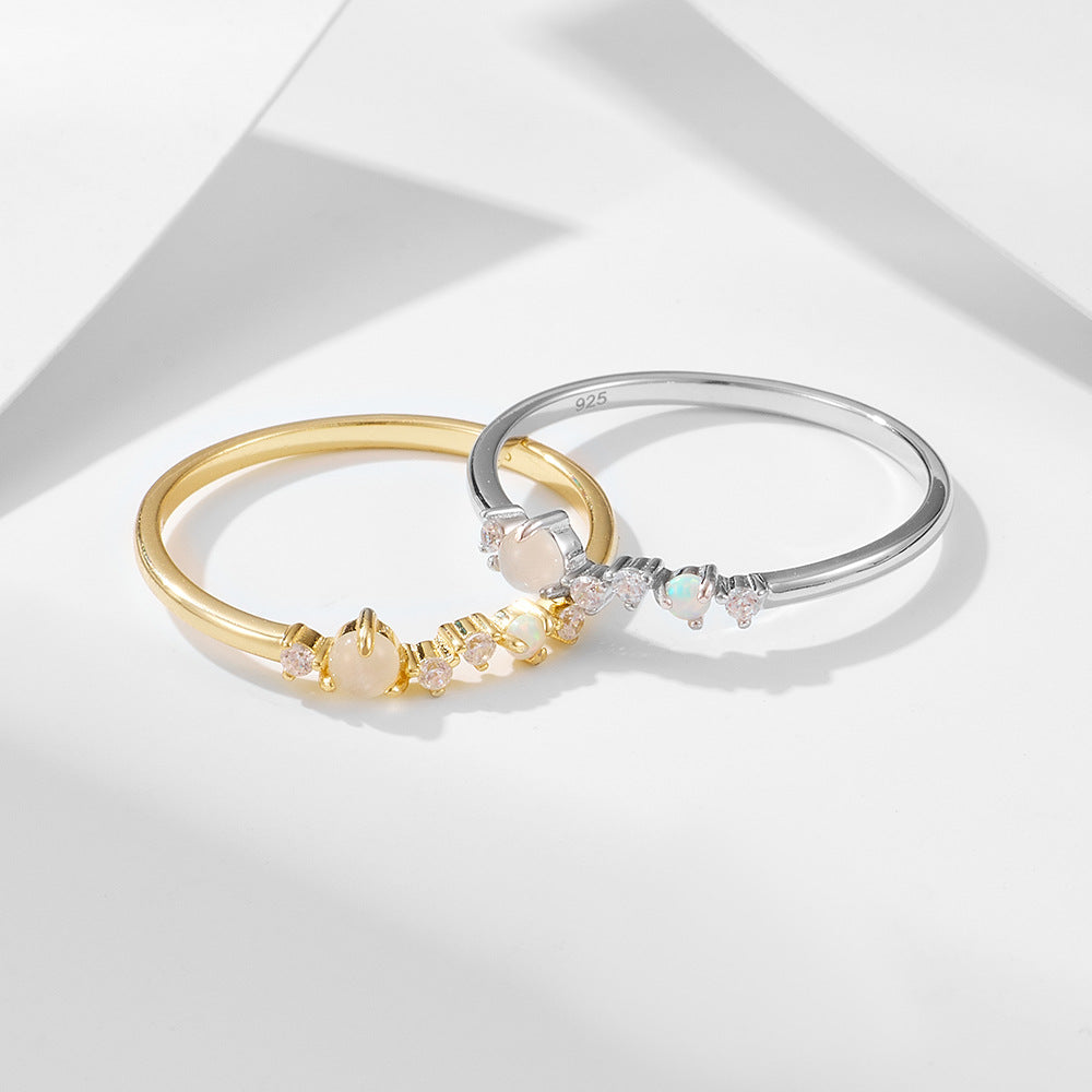 Row of Opal Moonstone and Zircon Slim Sterling Silver Ring