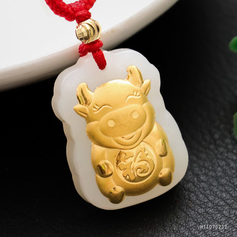 Hetian Jade Golden Ox Pendant with Cord