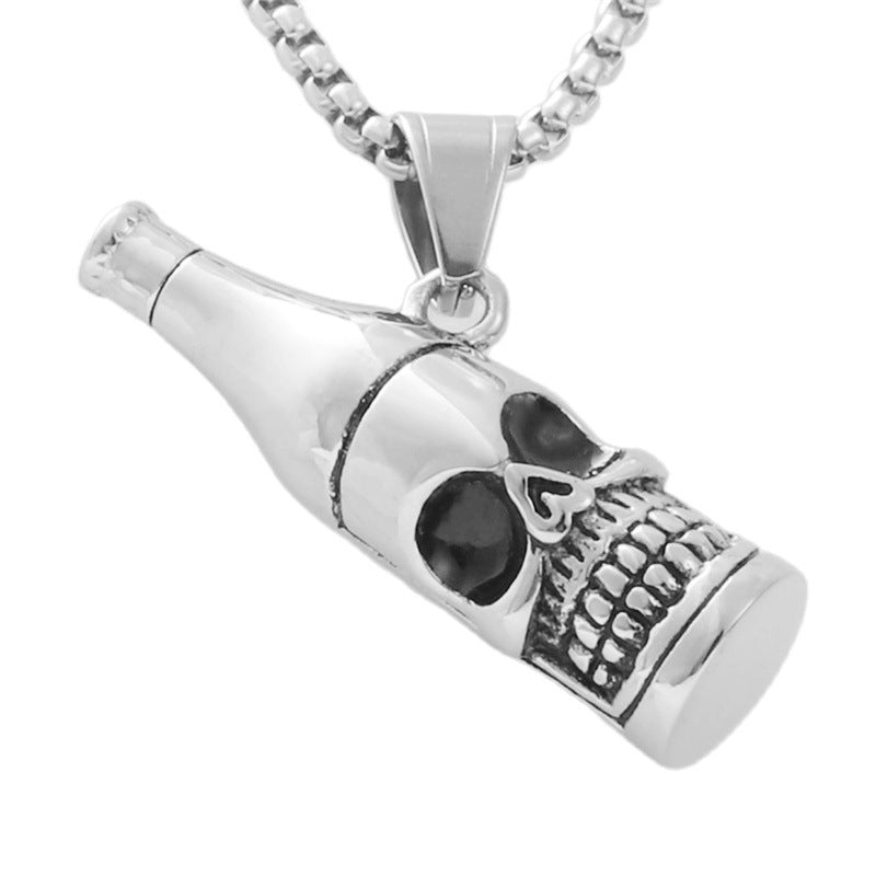 Stylish Titanium Steel Skull Wine Bottle Pendant Necklace for Men