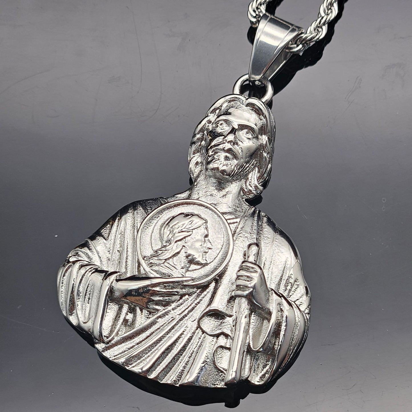 Planderful St Jude Bust Necklace Titanium Steel Unisex Protection Pendant Statement Jewelry