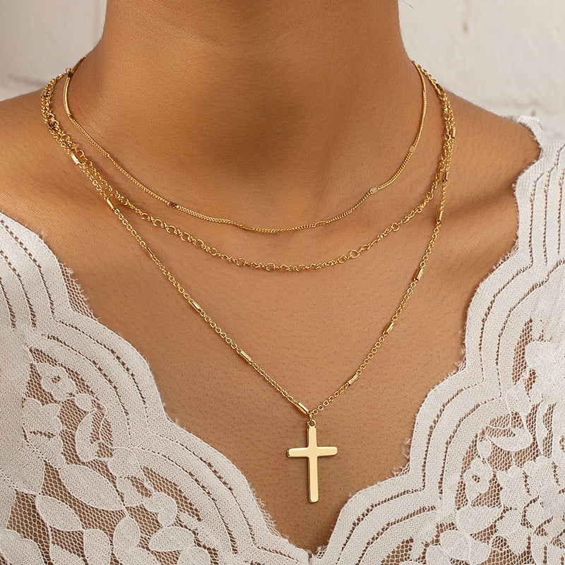 Fashionable Triple-Layer Cross Pendant Necklace with Korean Influence