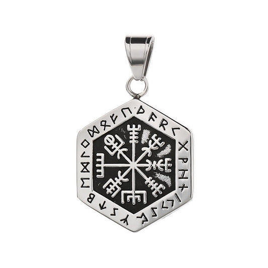 Vintage Round Brand Nordic Viking Double Sided Compass Rune Stainless Steel Pendant Men Necklace