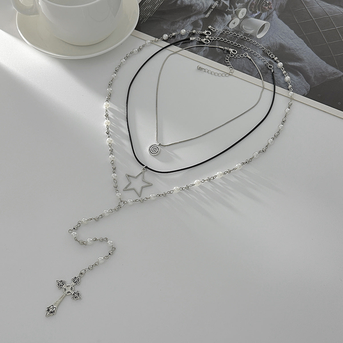 Pearl-Style Star Long Fringe Necklace Set